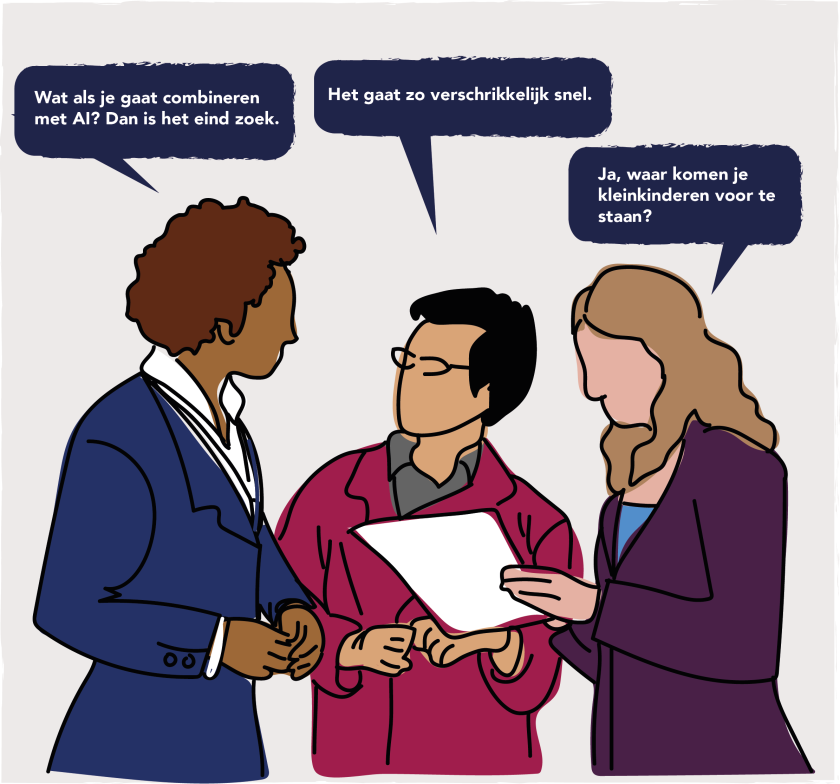 Ilustratie van 3 personen die met elkaar praten.