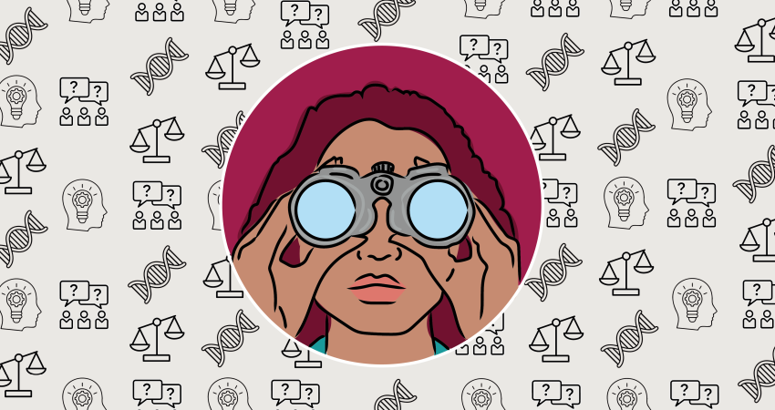 Een illustratie van een vrouw met een verrekijker en allerlei icoontjes zoals dna-strengen en lampjes