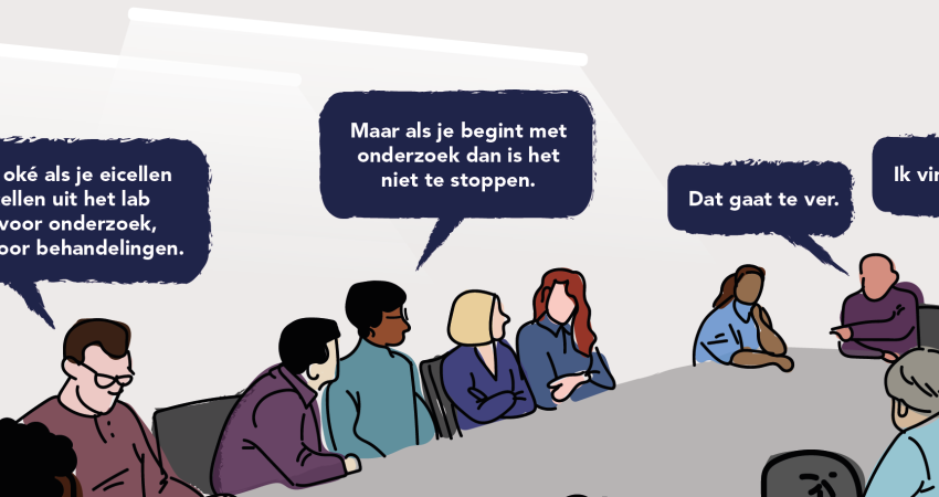 Illustratie van tafel met pratende mensen en spreekwolkjes.