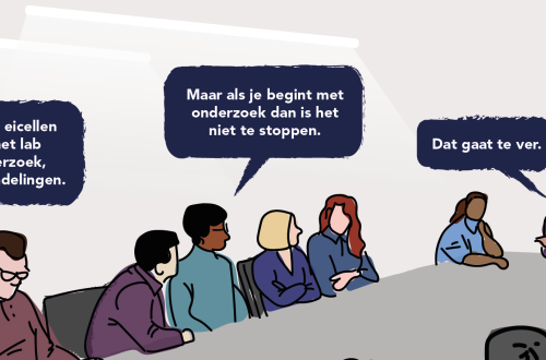 Illustratie van tafel met pratende mensen en spreekwolkjes.
